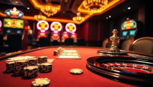Players enjoy a thrilling betting experience at Hay88 with a luxurious poker table and roulette wheel.