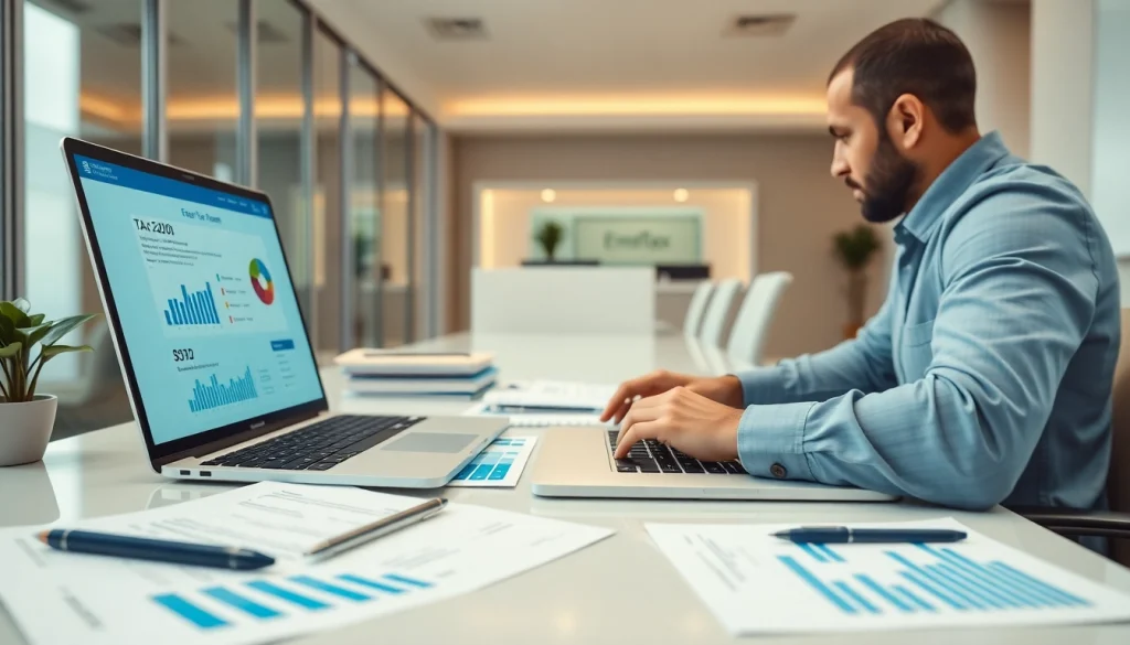 Corporate Tax Return Filing in UAE with a business professional using EmaraTax in a modern office.