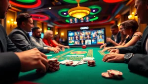 Vivez l'excitation d'un casino fiable en ligne avec des joueurs profitant du poker dans un cadre luxueux.