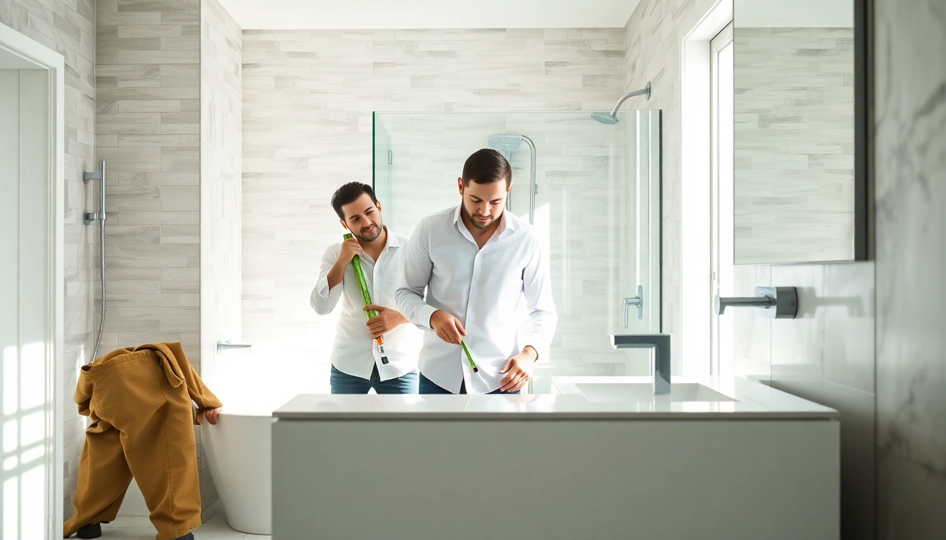 Dynamic scene of bathroom remodelers measuring and discussing stylish renovations.