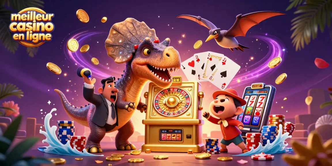 Illustration dynamique du meilleur casino en ligne avec un dinosaure et des pièces d'or volantes.