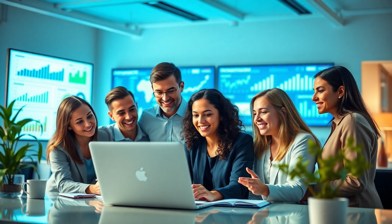 Engaged team working on online marketing edmonton strategies in a modern office.