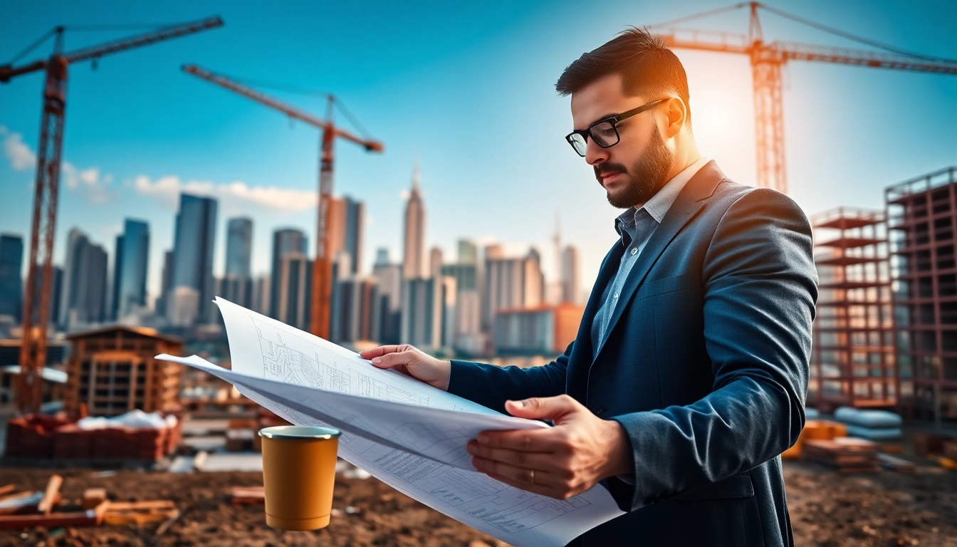 Real Estate Developer reviewing blueprints on an urban construction site filled with cranes.