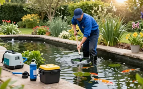 Pond Cleaning Essex service technician performing pond maintenance in a serene garden.
