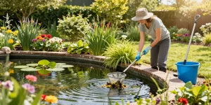 Pond Cleaning Essex with a gardener removing debris from a vibrant pond surrounded by flowers and greenery.