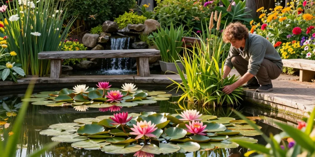 Water Lilies flourishing in a tranquil garden pond, surrounded by vibrant flowers and greenery.