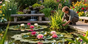 Water Lilies flourishing in a tranquil garden pond, surrounded by vibrant flowers and greenery.