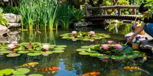 Beautiful water lilies floating in a serene pond, showcasing vibrant colors and lush greenery in a tranquil garden setting.